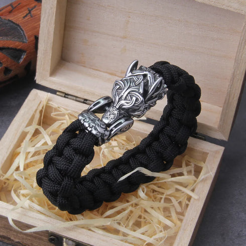 Enduring Viking Wolf Bracelet: Handmade men's cord bracelet with a wolf mouth that can open